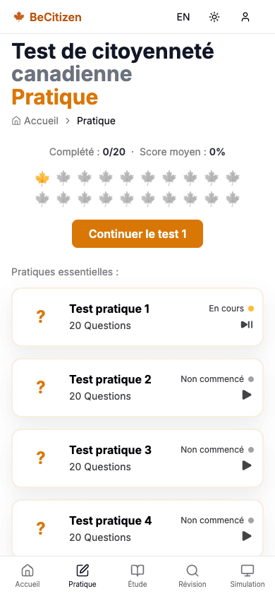 Liste des tests de pratique BeCitizen avec suivi de progression