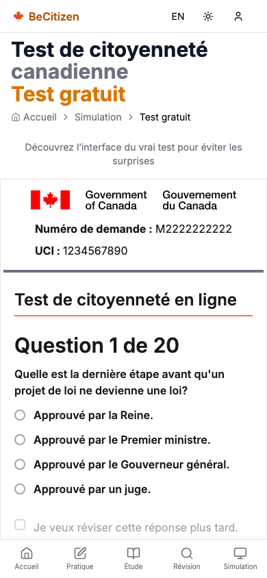 L'examen blanc dans le format exact d'IRCC — Question 1 sur 20