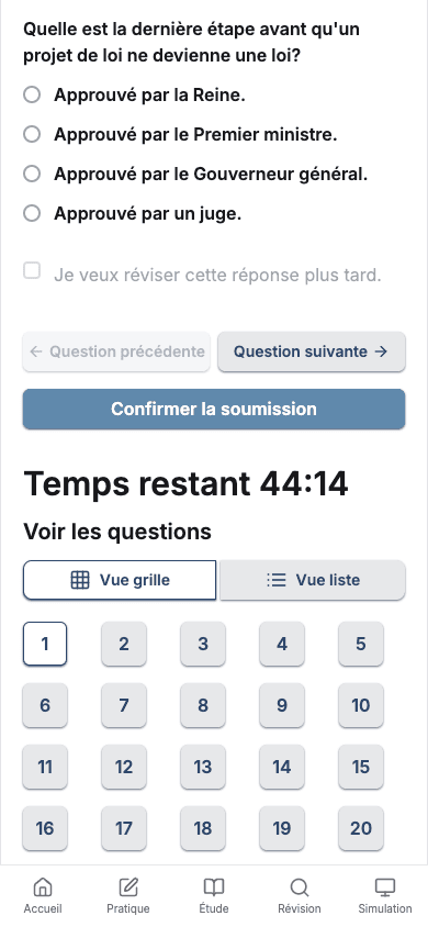Le simulateur chronométré avec un compte à rebours de 45 minutes
