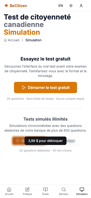 L'écran de départ du simulateur avec un test échantillon gratuit